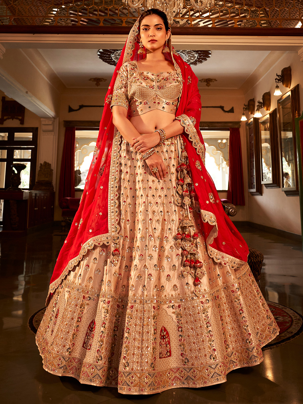 Beige and red bridal lehenga best sale