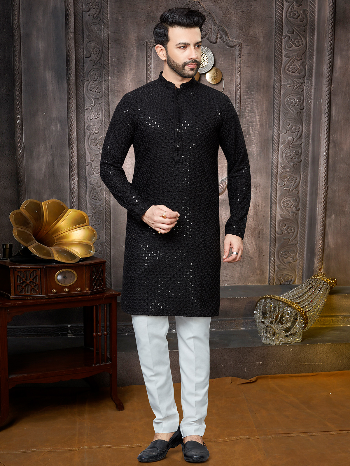 Black Kurta Collar Wala Kurta Pajama Black Cotton Readymade Kurta