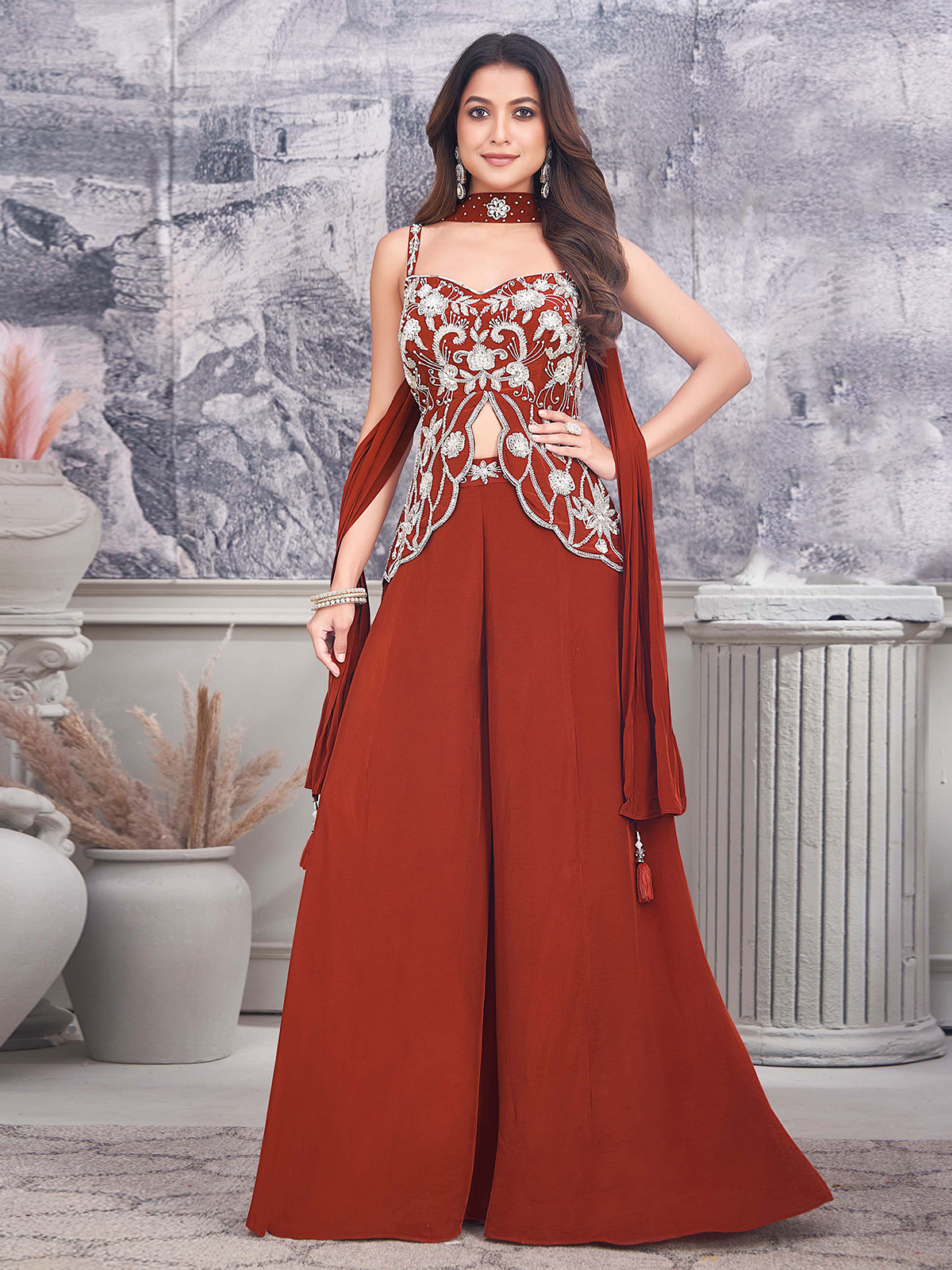 Green Color Muslin Diamond Pattern Hand Embroidered Palazzo Salwar Suit | Exotic India Art Green Color Muslin Diamond Pattern Hand Embroidered Palazzo Salwar Suit | Exotic India Art