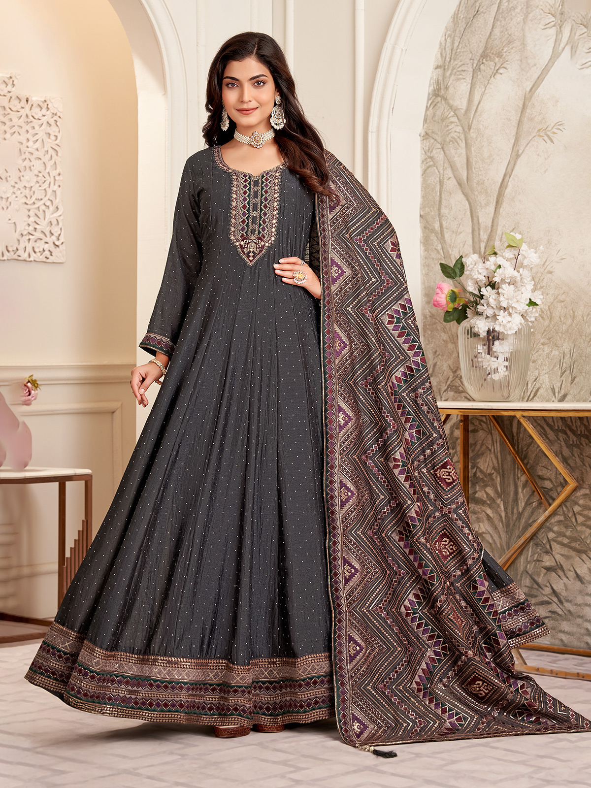 Gown Punjabi Suit Design In Black Colour Printed Black Brocade