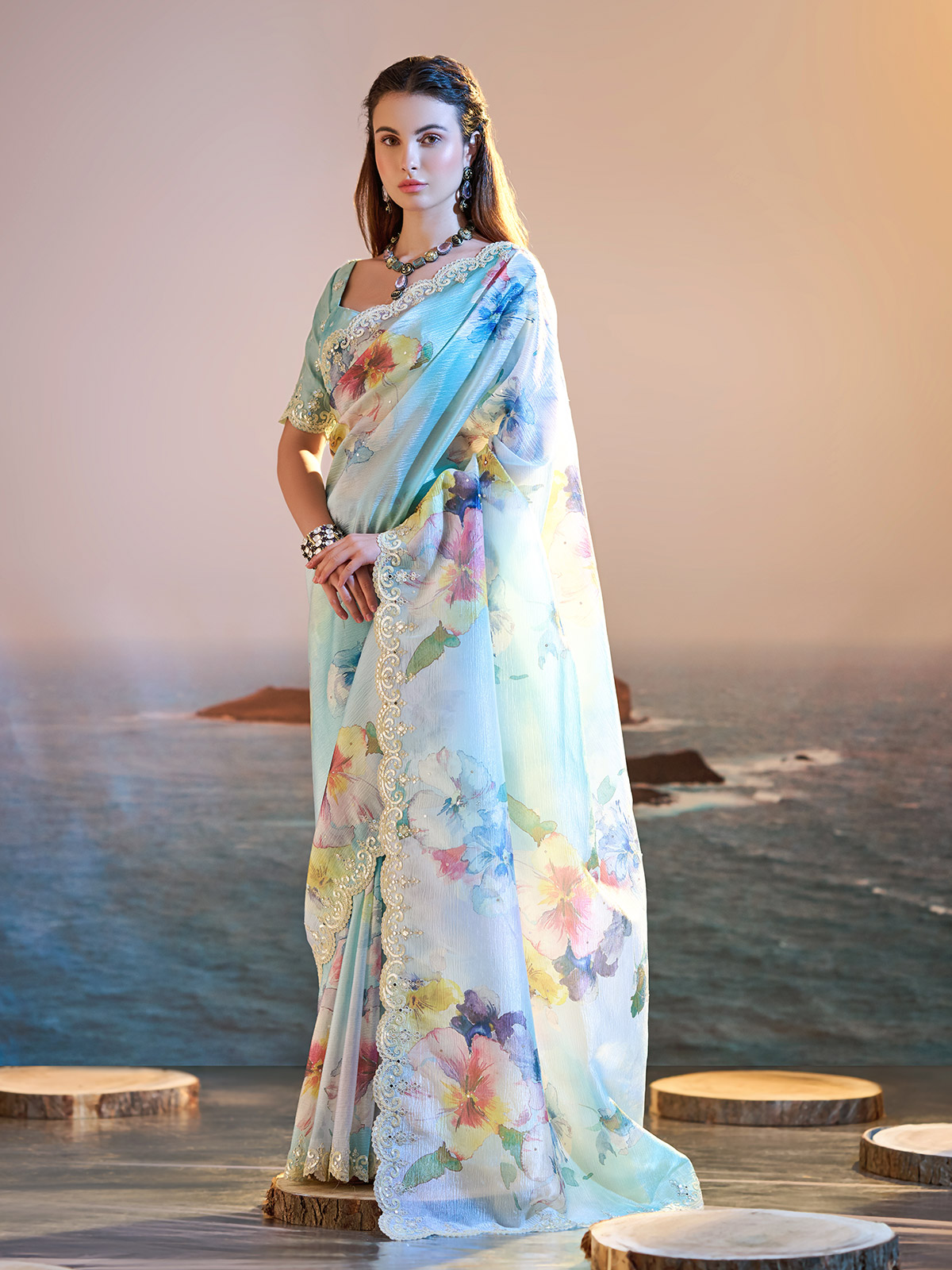 Party wear saree blue colour shop