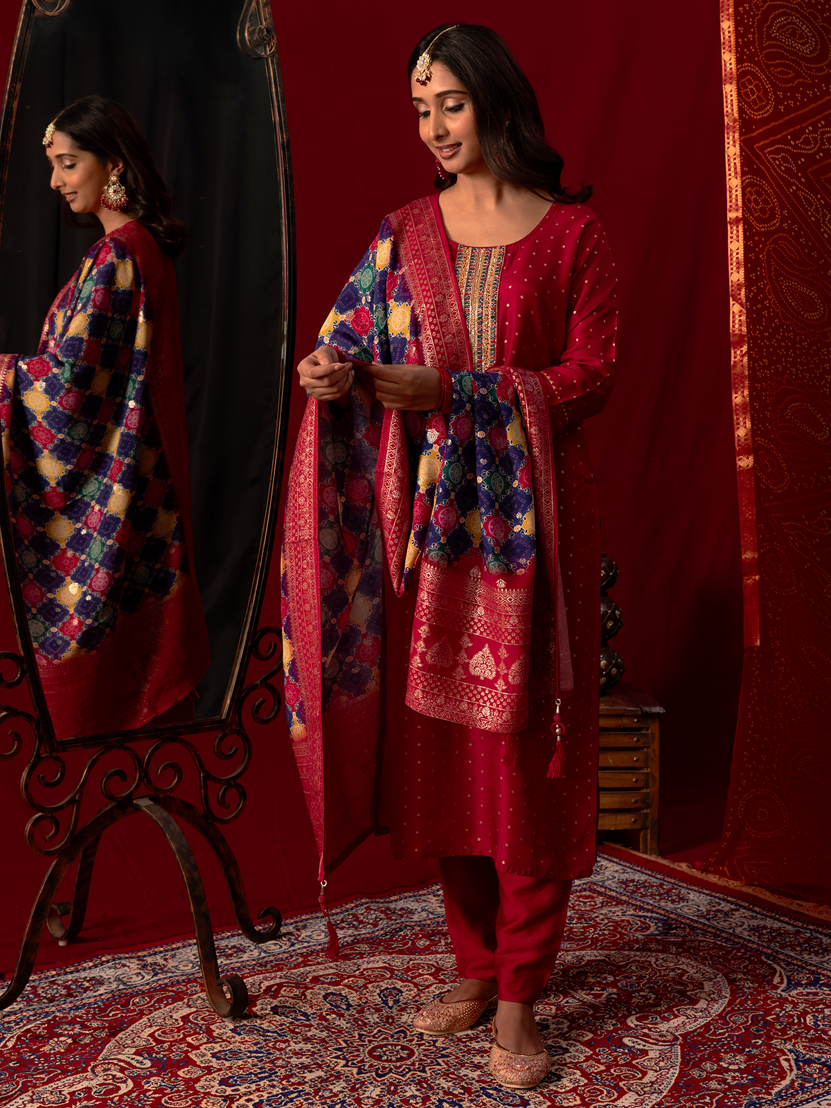 Red silk suit womens best sale