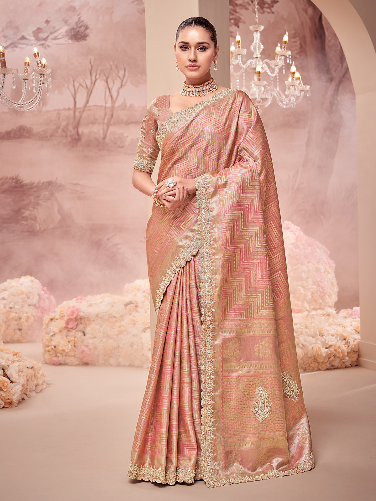 Peach hot Beautiful Chiffon Zari Work Pure Georgette Banarasi Silk Handwoven Saree Designer Weaving Fabric Sari Women With Running Blouse Piece