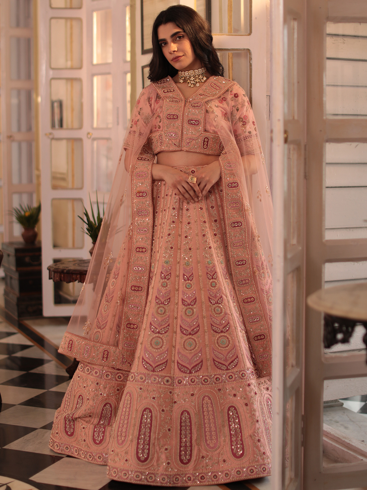 Peach Organza Silk Lehanga Choli for Wedding, Modern Embroidrered Lehenga Choli store