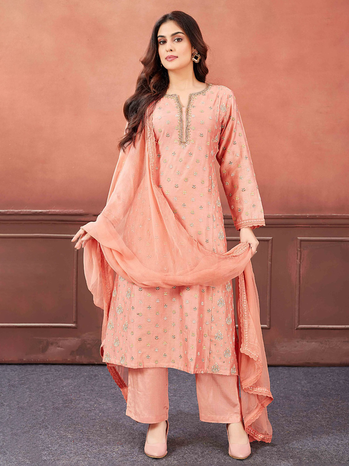 Peach color plazo suit discount