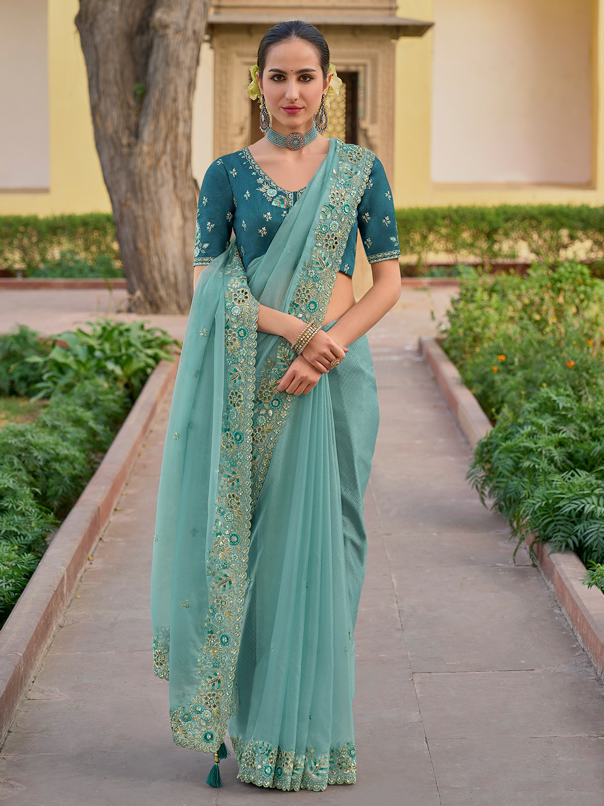 Organza embroidery saree online deals