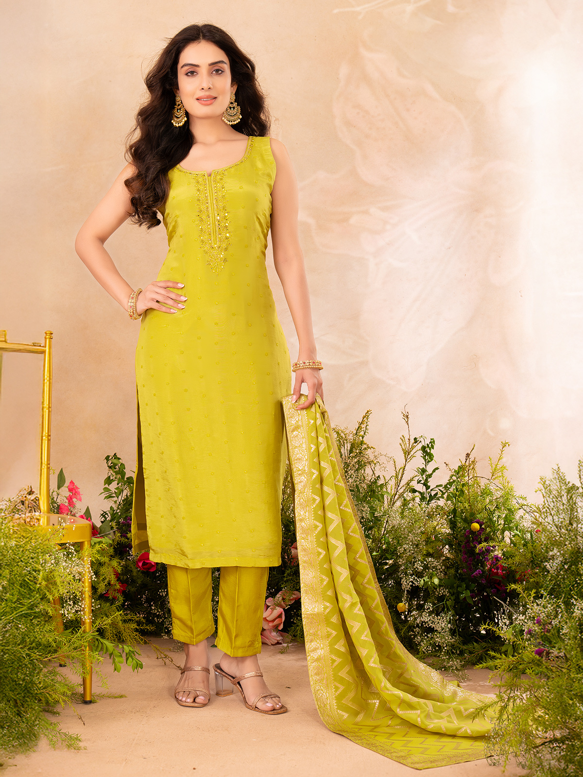 FABMIAMI Women's Ready-to-Wear Banarasi Silk Embroidered Straight Salwar Kameez Suit (Palazzo Style) - View #3