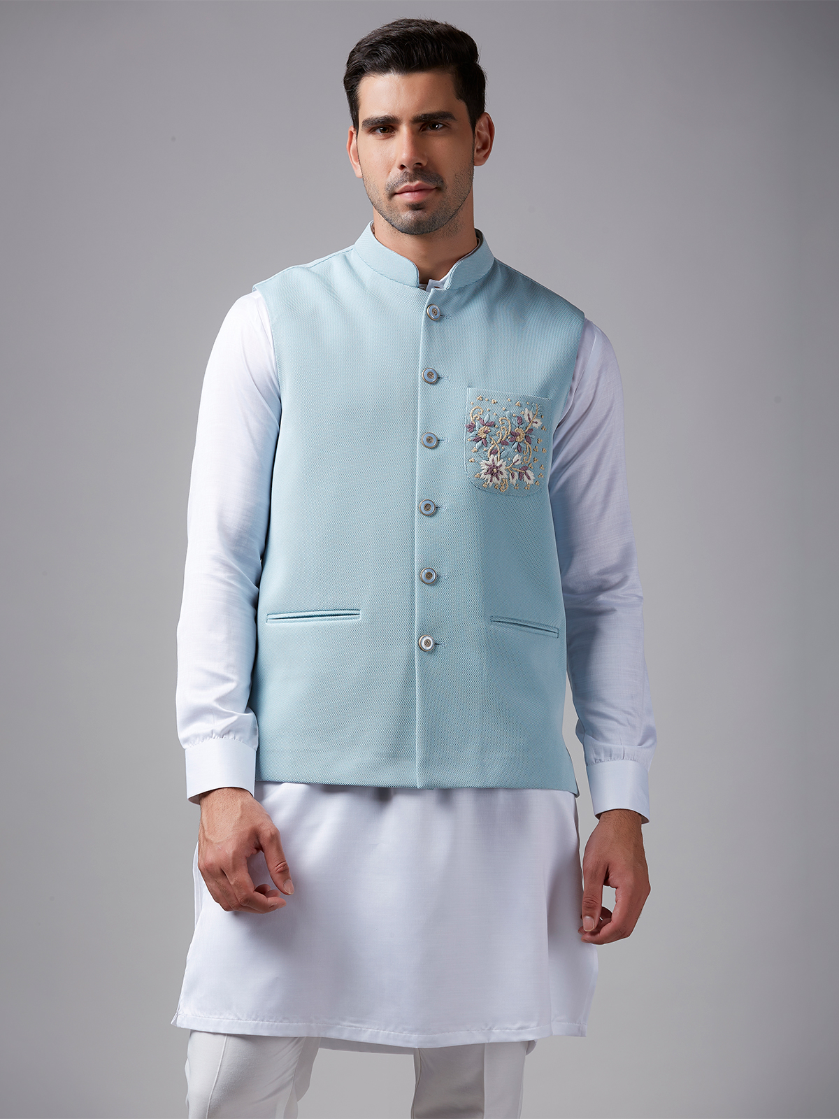 Sky blue waistcoat with kurta on sale
