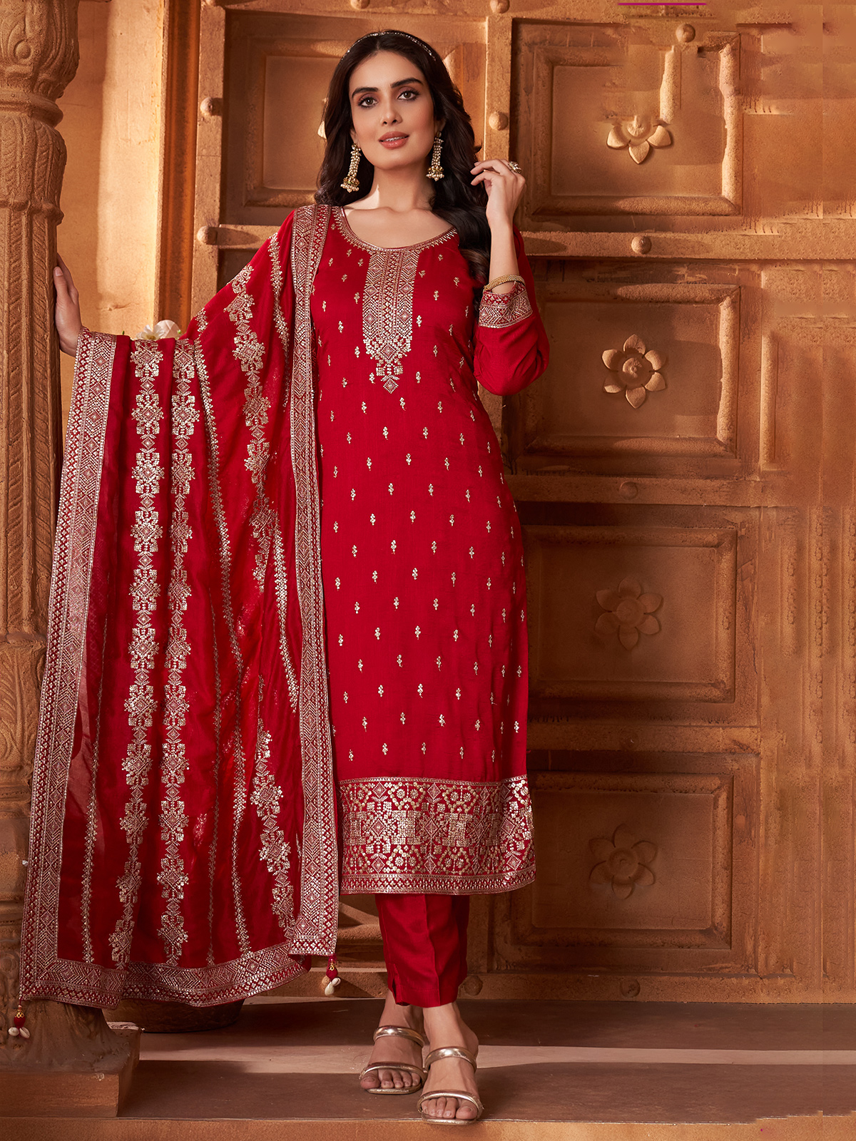 Punjabi Suit Red Colour Churidar Tops Buy Red Patiala Style Silk