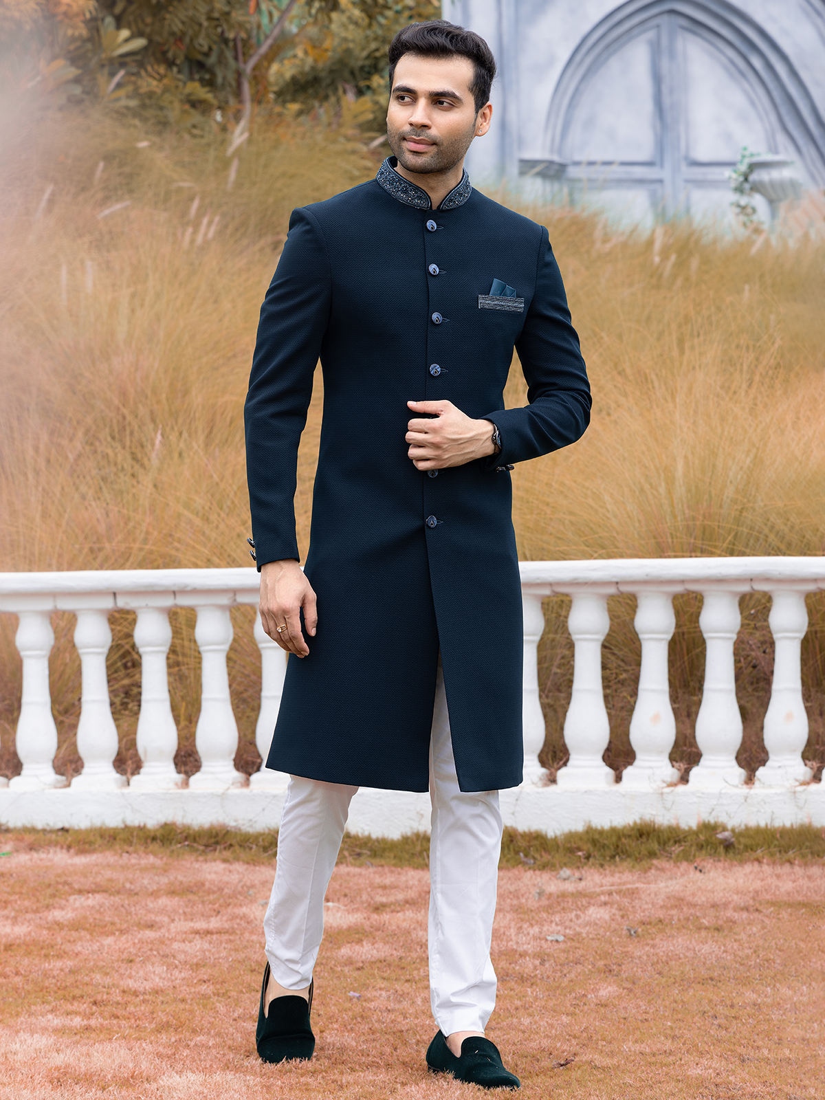 Plain terry rayon dhoti sherwani in navy blue shop