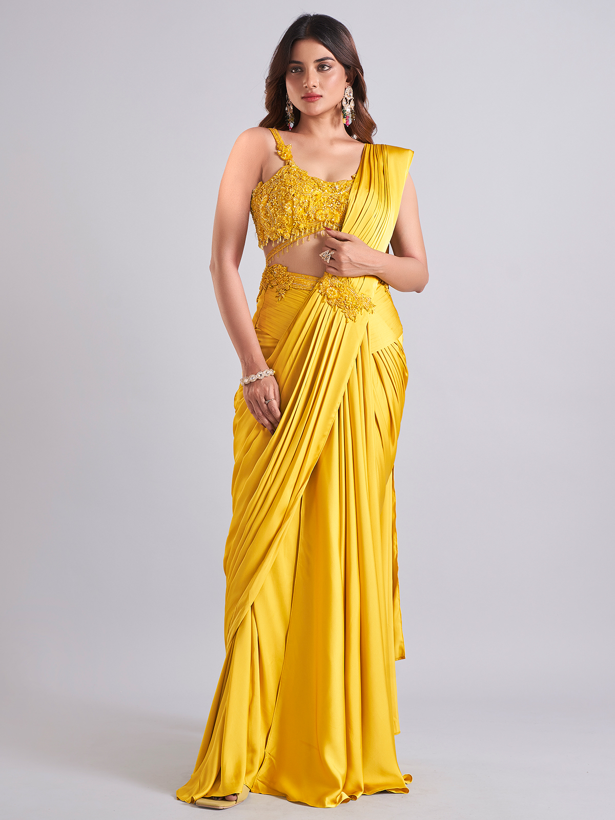 Soft yellow Pearl online Work Saree