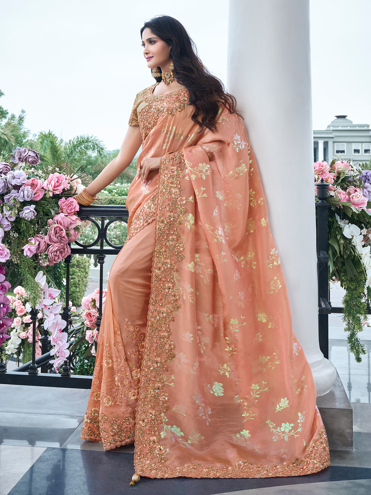 Peach party wear saree best sale